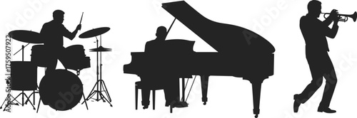 Silhouette vector illustration of jazz musicians playing drums, piano, and trumpet performing music concert band scene for entertainment design.