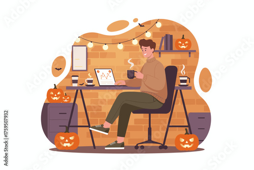 Young man works remotely enjoying coffee in his cozy Halloweendecorated home office