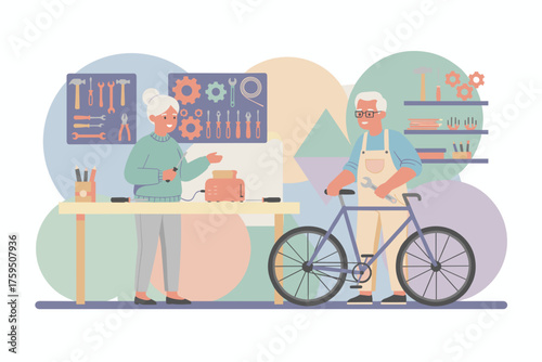Active seniors repairing toaster and bicycle Happy couple enjoying DIY hobbies and engaged lifestyle