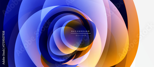 Abstract layers create dynamic circular composition. Blue, purple, orange hues blend smoothly. Modern design element for backgrounds.
