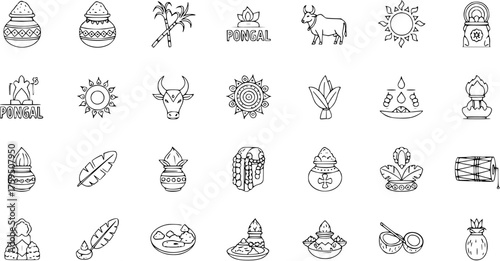 Pongal Festival Line Icons Set. Traditional Indian Harvest Celebration Symbols and Elements including Pots, Sugarcane, Sun, Cow, and Pooja Items. Outline Vector Illustration Pack.