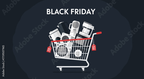 Black Friday deals Shopping cart overloaded with discounted household electronics