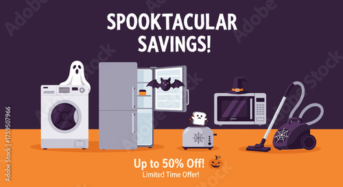 Spooktacular Halloween savings on household appliances Flat design illustration for holiday sales and retail promotions