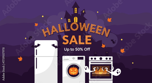 Halloween Sale banner featuring home appliances spooky haunted house bats and ghosts for seasonal shopping discounts