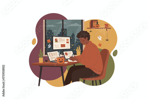Person working remotely in a cozy Halloweendecorated home office with a rainy city view