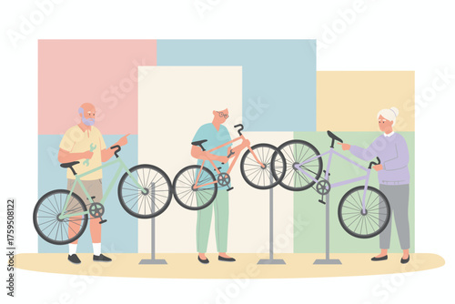 Active seniors repairing bicycles promoting healthy lifestyle and community engagement