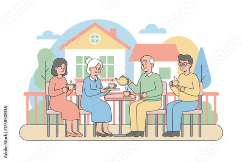 Elderly and younger adults enjoying tea time and conversation on a pleasant home patio