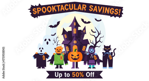 Spooktacular Halloween sale with fun costumed characters and a haunted house offering up to 50 off Great for seasonal promotions