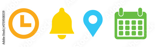 Colorful User Interface Icon Set for Time, Notification, Location, and Calendar Symbols in Flat Vector Style