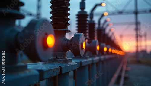 High voltage transformer. Insulators at electrical substation. Close up shows intricate design. Power flow control. Orange glow. Power lines background. Power generation concept. Tech gear at energy