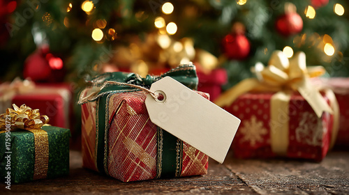 Festive christmas gifts with blank tag under a christmas tree ready for the holiday season