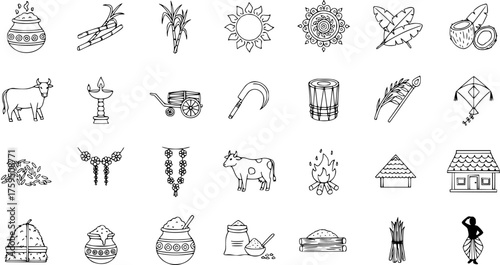 Detailed line art icons representing traditional elements and symbols of the South Indian harvest festival, Pongal, and related Indian celebrations, isolated on white.