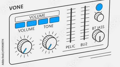 Crisp Hand-Drawn Style Illustration of VONE Audio Mixing Console with Volume, Tone, and BT IASS Settings, Perfect for Music Production and Sound Engineering