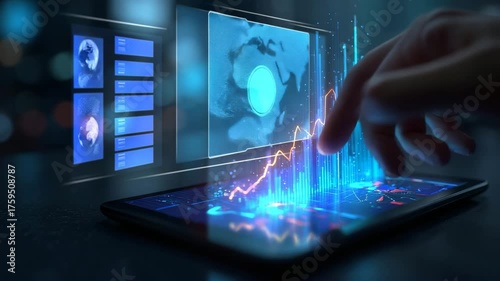 Hand interacting with a futuristic digital interface showing financial data