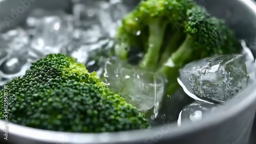 Bowl of ice water cooling bright green broccoli, close-up of fresh vegetables