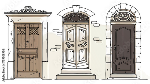 Charming collection of vintage doors illustration, detailed architectural drawing, perfect for home decor designs and historical building concepts