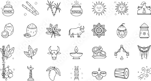 Pongal Festival Line Art Icons Collection. Traditional South Indian Harvest Celebration Symbols: Sugarcane, Pot, Cow, Sun, Coconut, Diya, and more.