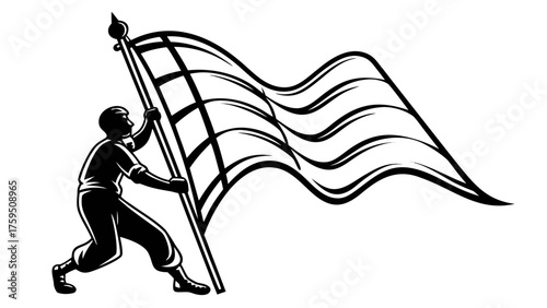Dynamic monochrome drawing of a figure holding aloft a flowing flag, symbolizing victory, leadership, or national pride, perfect for sports or political campaigns.