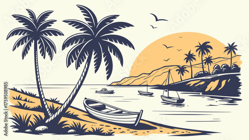 Dreamy tropical escape with palm trees and boats, perfect for summer getaway promotions or travel agency marketing material, beach vibes and island life