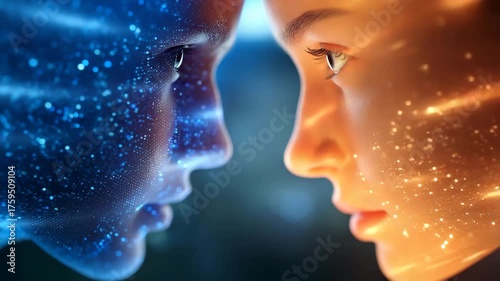 Two faces, one blue and one orange, in profile, facing each other