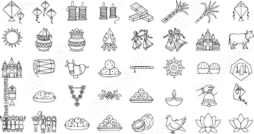 Indian Festival  Cultural Icons Set - Traditional Line Art Symbols for Celebrations, Rituals, and Harvest Festivals like Diwali, Holi, Makar Sankranti, Pongal