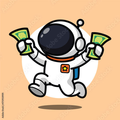 Cute Astronaut Holding Money Illustration for Space Cartoon Character and Finance Success Concept