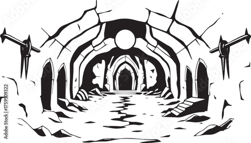 The Gloomy Dungeon. Hand drawn vector illustration	