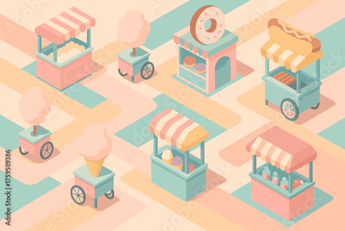 Along illustration pastel amusement flat cotton candy vector arranged paths carts delight