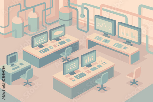 Geometric pipelines pastel monitoring station illustration vector power screens desks control interior