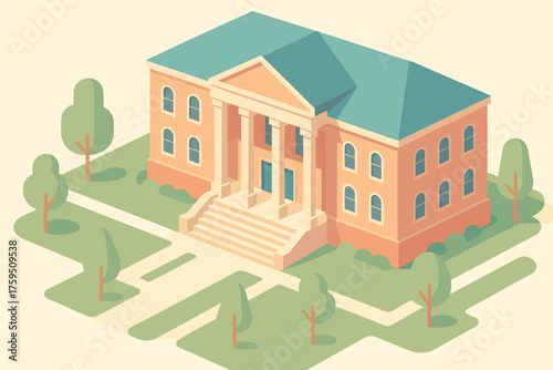 Scene main illustration geometric stylized stairs courtyard vector columns pastel isometric university