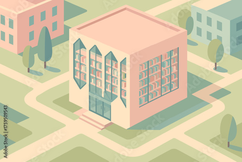 Paths stylized simplified modern library through outside pastel illustration vector windows