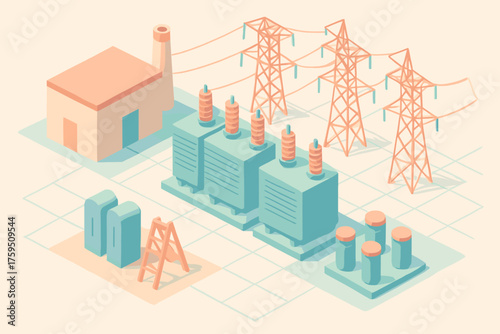 Maintenance hub power illustration simplified transformers pastel geometric area station vector grid