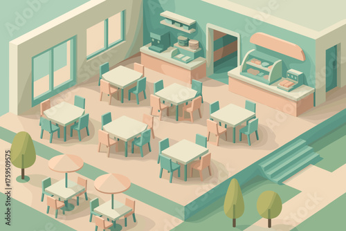 Illustration pastel counters simplified stylized outdoor geometric cafeteria tables vector university