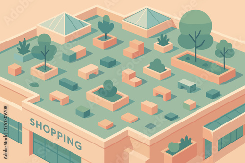 Rooftop illustration geometric oasis skylight structures seating pastel garden planters vector