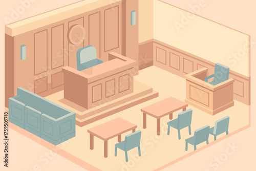 Stylized wooden panels stand simplified witness courtroom pastel illustration vector bench