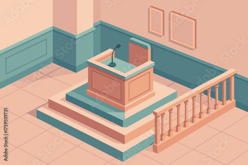 Geometric witness stand vector courtroom scene illustration simplified pastel background railing platform