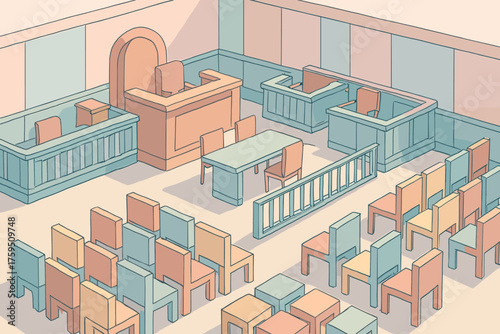 Rows partitions illustration benches vector courtroom stylized design modern geometric pastel simplified