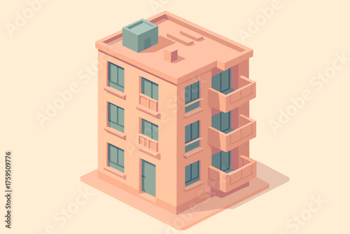Building vector balconies windows illustration apartment stylized geometric details rooftop pastel