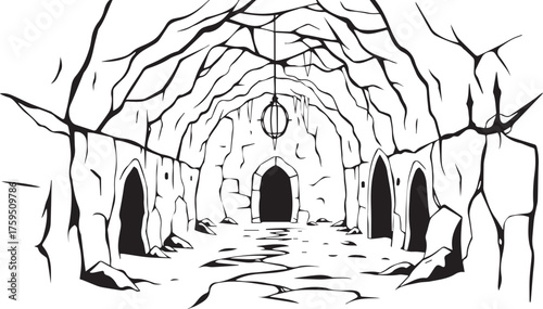 The Gloomy Dungeon. Hand drawn vector illustration	