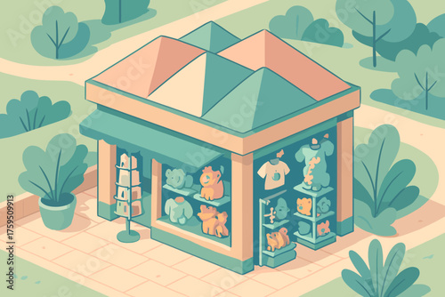 Decorative geometric illustration outside simplified souvenir shop zoo plants pastel stylized vector