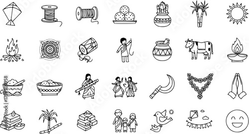 Indian Harvest Festival Line Art Icons Set: Makar Sankranti, Pongal, Lohri Symbols and Traditions