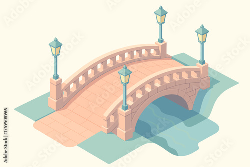 Posts vector stream curved bridgeway bridge balustrades pastel illustration geometric stylized isometric