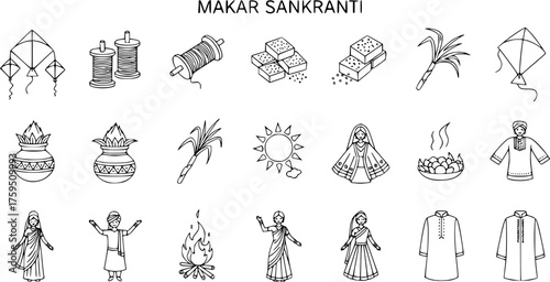 Makar Sankranti Festival Line Art Icon Set: Kites, Sweets, Sugarcane, Sun, Kalash, Traditional Clothes, Bonfire for Indian Harvest Celebration