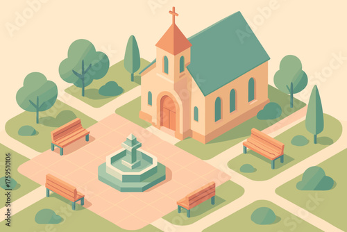 Geometric fountain vector illustration courtyard benches garden paths pastel stylized church