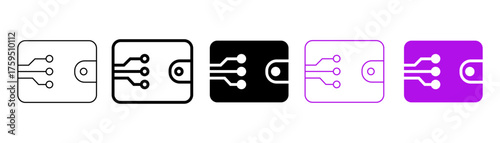 Set of minimalist digital wallet icons with transparent background, depicting cryptocurrency storage, blockchain technology, secure transactions, and electronic payments, vector illustration