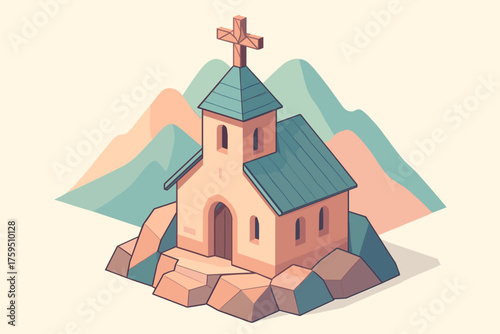 Base church pastel stylized vector roof mountain illustration top wooden rocky