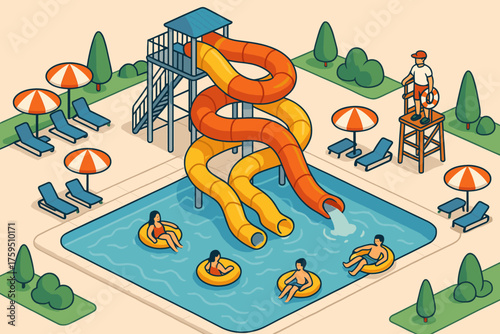 Central tower people vector adventure rings large wide aquapark simple illustration into