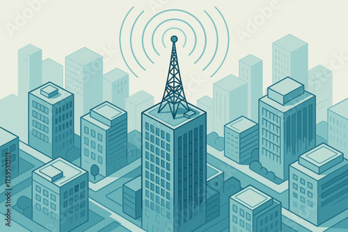 Illustration vector tower surrounding skyscraper buildings broadcast across setting skyline spreading