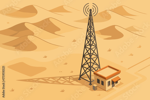 Vector scene beside sand tower desert broadcast dunes small illustration station