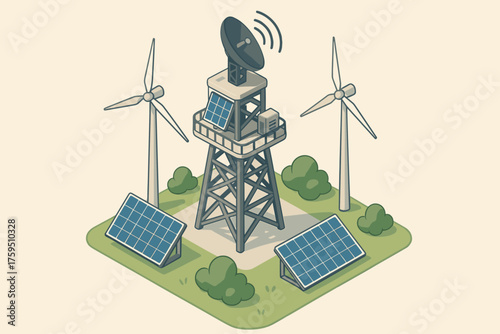 Tower broadcasting turbines eco as broadcast wind panels integrated illustration solar friendly